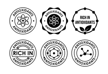 Rich in antioxidants icons set design. Antioxidant rich food label sign symbol black on white background