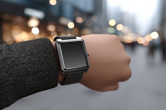 A modern smartwatch with a sleek design on a wrist, reflecting urban lifestyle, perfect for technology and fashion enthusiasts, showcasing connectivity and style. - Powered by Adobe