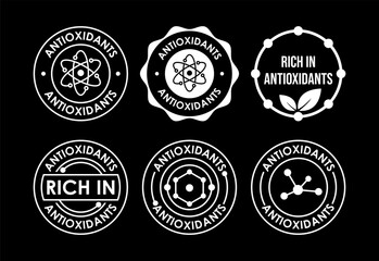 Rich in antioxidants icons set design. Antioxidant rich food label sign symbol white on black background