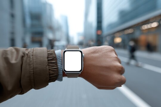 A modern smartwatch with a blank white screen on a person's wrist in an urban setting, perfect for showcasing app designs and wearable technology concepts.