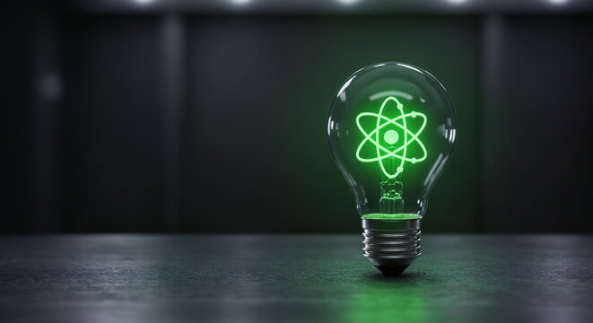 Glowing nuclear atom icon inside lightbulb symbolizing energy innovation