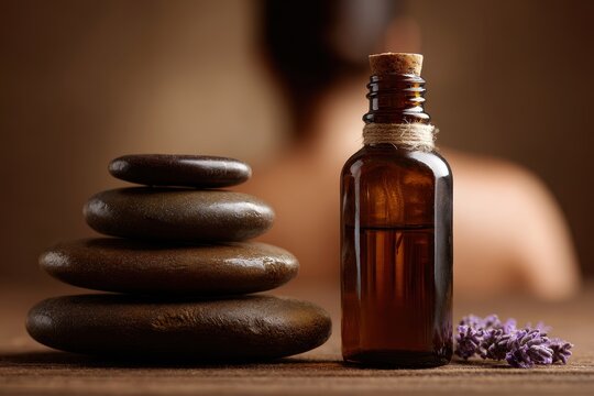 Aromatherapy spa treatment with essential oil bottle and stacked stones, promoting relaxation, wellness, and the balance of body, mind, and spirit for a peaceful experience.