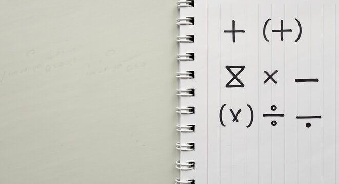 Mathematical symbols written in a notebook with spiral binding  
