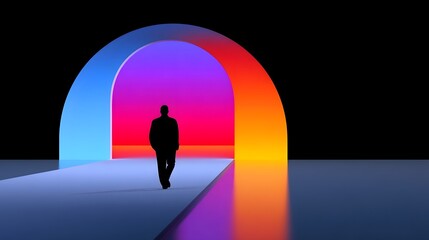 Obraz premium Silhouetted figure entering a colorful portal to a new world