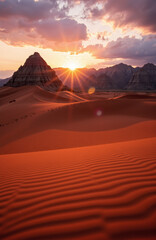 Naklejka premium Sunrise over desert dunes with dramatic mountain backdrop.