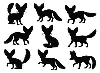 Set of fennec fox silhouettes in various poses. isolated vector on white background.