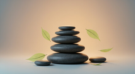Obraz premium Stacked smooth stones with floating leaves on gradient background