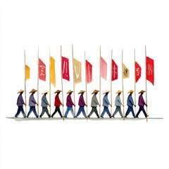 Stylized Procession of People Carrying Colorful Flags Against White Background
