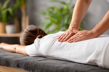 Professional massage therapist giving a relaxing back massage to a client in a serene spa, promoting wellness and relief from muscle tension with careful pressure and expertise.