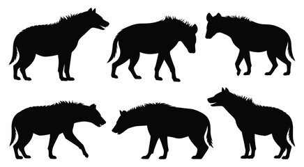 Set of hyena silhouettes in various poses. isolated vector on white background.