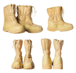 Isolated photo of quilted bologna material winter woman snow boots on white background.