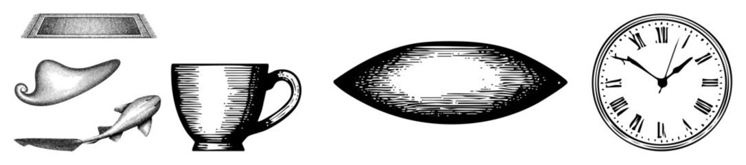 Vector Assorted vintage illustrations depict a rug footwear measuring tool eye and clock.