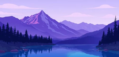 Selbstklebende Fototapeten Serene purple mountain landscape with calm river, pine silhouettes Flat vector illustration, soft, illustration © alain louis