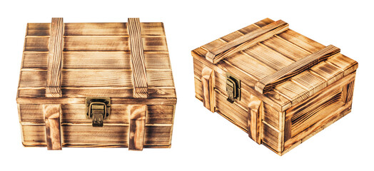 Isolated photo of wooden antique ammo box on white background.