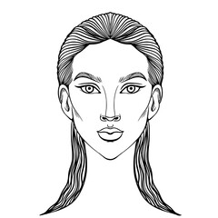 Stylish vector line art portrait of a woman.  Clean, minimalist design ideal for beauty, fashion, or branding projects. Black and white illustration.