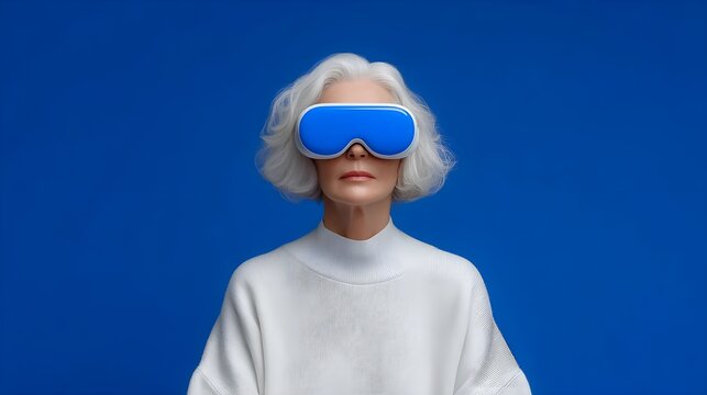 Senior woman experiencing virtual reality in a modern setting