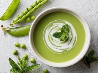 A bowl of green pea soup garnished with mint and cream swirls with fresh peas and pods around it