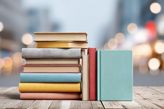 A colorful stack of books on a wooden table with blurred background, perfect for a book cover, educational material or library promotion. The books are various colors. - Powered by Adobe