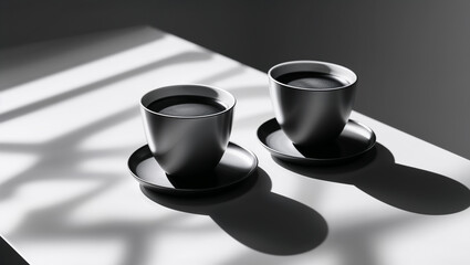 Two cups of coffee creating shadows on white table in black and white