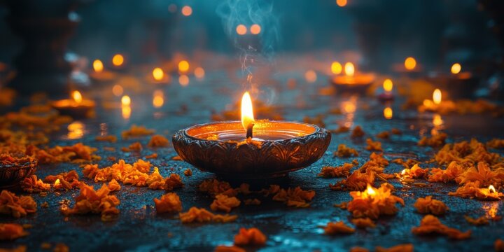 Diwali Celebration with Lit Oil Lamps and Marigold Flowers on Surface