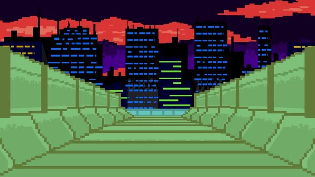 Animated video of a futuristic scene in pixel art style, road, art, game.