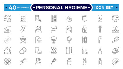Personal Hygiene Outline Icons set. Contain icons related to Hygiene, clean, sanitary, towel, wash, liquid , and more. Editable stroke outline icon.

