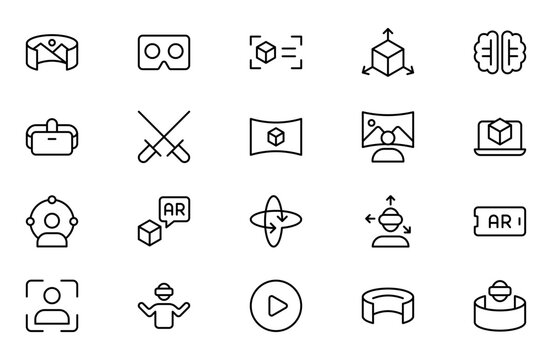 Virtual Reality and Metaverse line Icons Set. A cutting-edge collection of icons designed to enhance immersive experiences, perfect for VR apps, gaming platforms, and digital worlds.