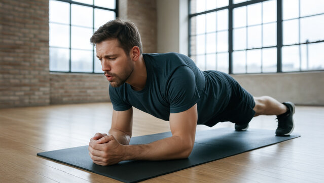 Young man doing plank exercise indoors on yoga mat in modern fitness studio with large windows and wooden floor. Intense workout moment. Strength and balance.
