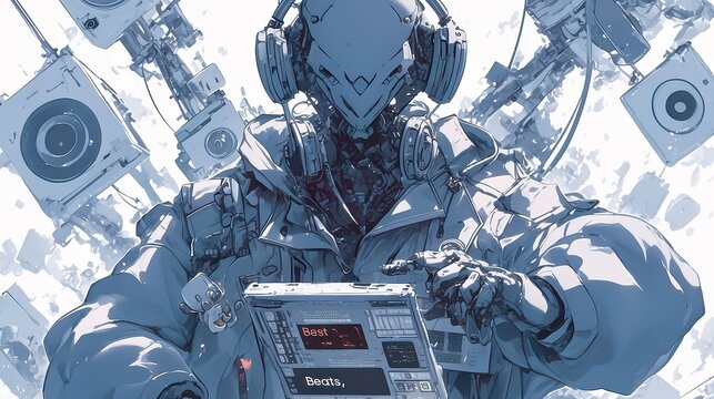 Monochrome Robot in Futuristic Lab, a sleek robot cradles a mixtape titled Best of AI Beats amidst a backdrop of advanced technology and nostalgic memorabilia.