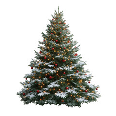 Fototapeta premium Snow covered christmas tree with lights and ornaments isolated on transparent background