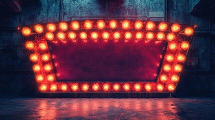 A large, red sign with many glowing lights on it. The sign is empty and the lights are on, creating a bright and eye-catching display