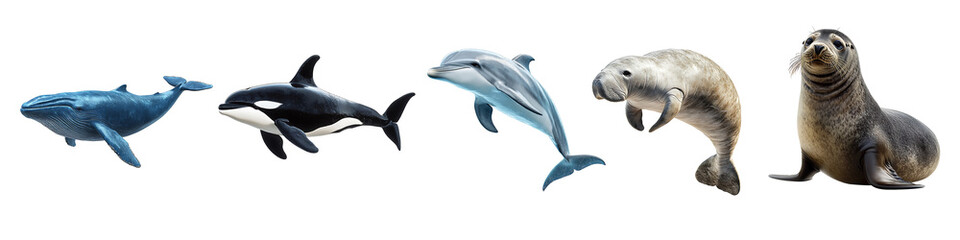 Fototapeta premium a collection of sea mammals on transparent background PNG