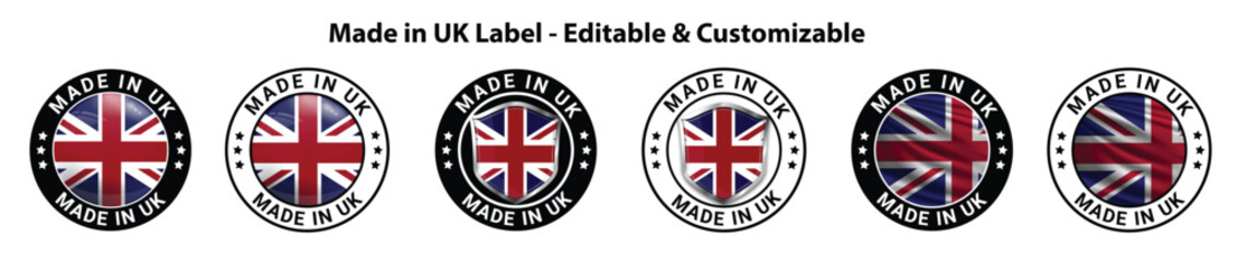 Simple Modern Set of Made in UK Labels and Great Britain Product Emblems with Flag Icons &ndash; Vector Illustration of British Manufacturing Logos