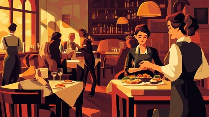 Customer enjoys a meal in a lively restaurant as waiters serve food in a vibrant dining setting.