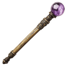 Enchanted Magic Wand or Staff with a Shimmering Purple Crystal Orb and Ornate Antique Bronze Handle, Perfect for Fantasy, Sorcery, and Mystical Concepts.
