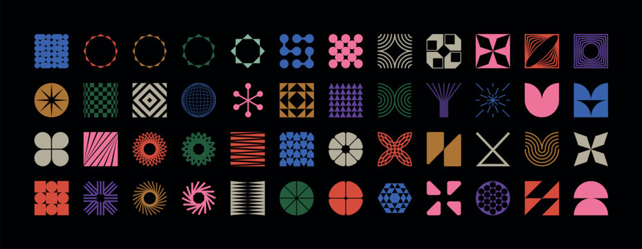 Brutalist geometric shapes, modern symbols.