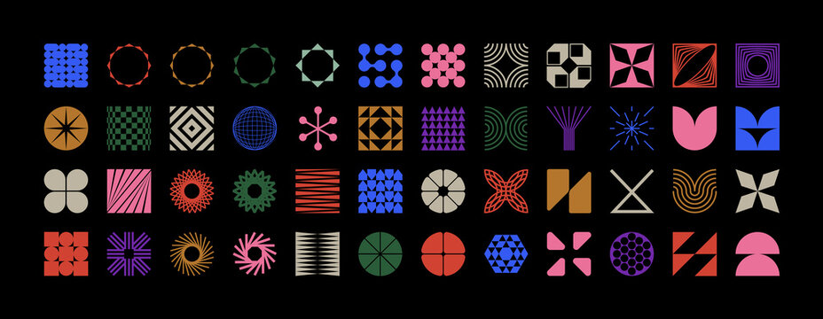 Brutalist geometric shapes, modern symbols.