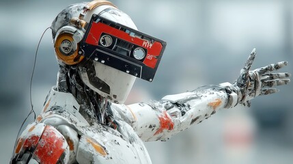Stylish android with a cassette heart, gliding through a vibrant, luminous data stream filled with sound, embodying a fusion of technology and creativity.