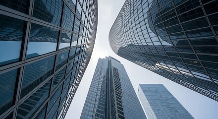 Fototapeta premium Looking Up at Modern City Skyscrapers with Glass Facades
