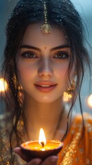 Indian Woman with Bindi Holding Candle for Diwali Celebration, Close-Up Portrait