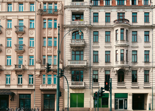 Historic tenement house facade ornate architectural details European city