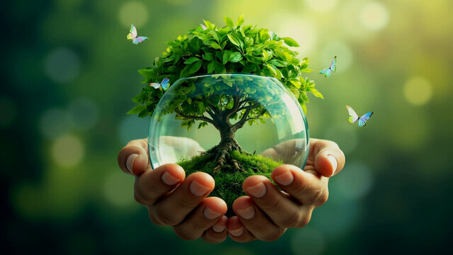 Hands holding a transparent orb with a growing tree symbolizing environmental protection and sustainability