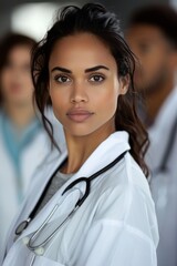 Confident Female Doctor Portrait Healthcare Professional Medical Worker Serious Expression White Coat Stethoscope Medical Staff Hospital Clinic Physician Health Medical Care Wellness Medicine Doctor  