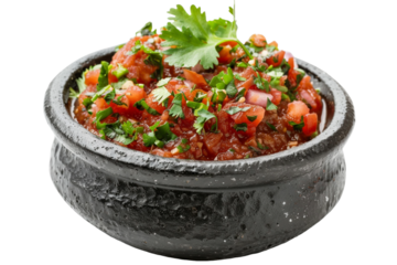 Vibrant red salsa in black bowl with fresh parsley garnish on transparent background.

