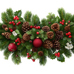 Christmas holly pine cones ornament garland isolated on transparent background
