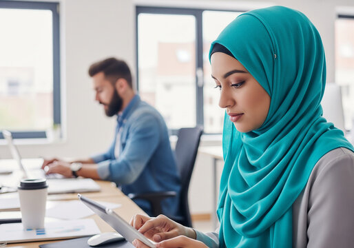 Muslim Woman in Hijab Using Tablet in Modern Office &ndash; Inclusive Workplace Scene, Digital Collaboration, and Professional Diversity Representation
