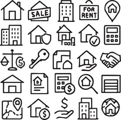 Real estate  related all icon collection line art vector illustration.