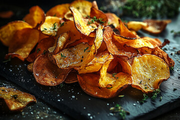 Crispy potato chips piled high, seasoned with salt and herbs.