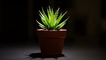 A small aloe succulent plant sits in a terracotta pot against a dark background