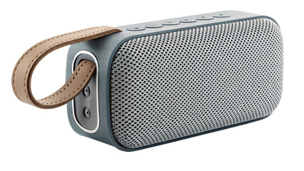 Portable bluetooth speaker with leather strap isolated on transparent background